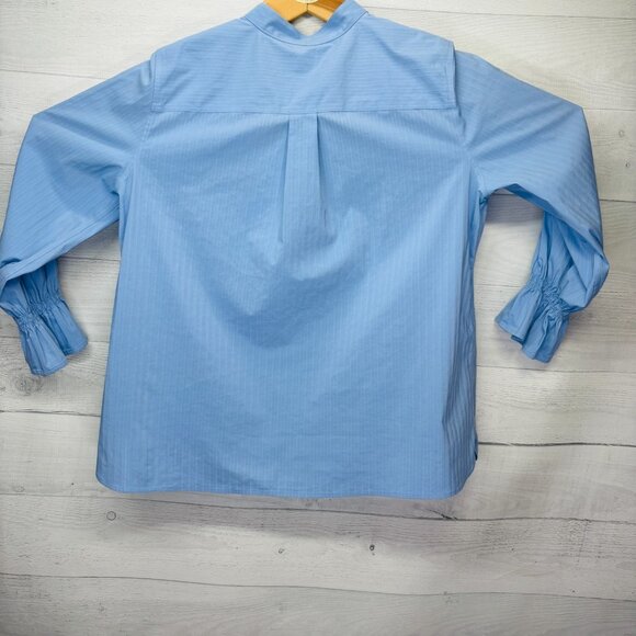 Chico’s No-Iron Chic Stretch Button Blouse Blue Stripe Ruffle Cuff Size 2 (12/L) - Picture 7 of 13